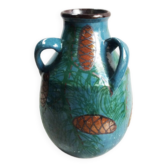 Vase with 3 handles signed in glazed terracotta