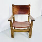 Antique French Handmade Brutalist Oak & Cognac Leather Castle Chair, 1920s.