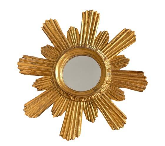 Golden carved wooden sun mirror — 38 cm