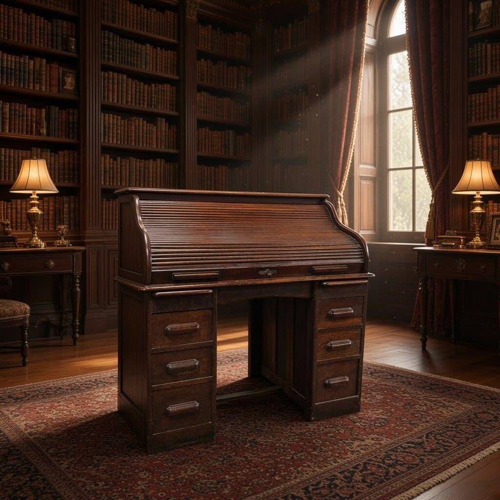 Bureau américain vintage en bois avec volet roulant