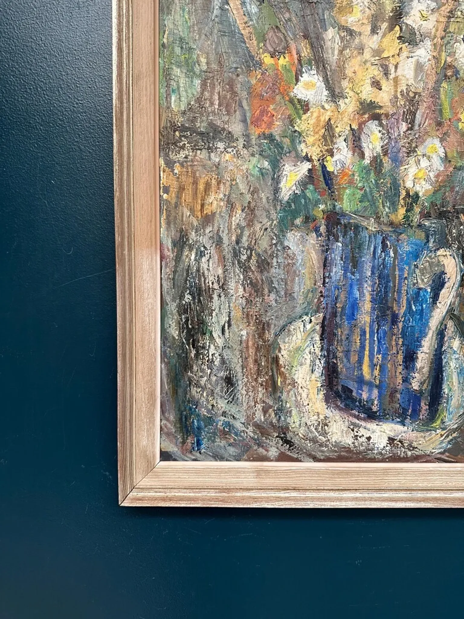 Original Swedish Oil on Panel – “Flowers in Blue Vase” by Sven Age – Signed – Vintage & Framed – 73 × 63 cm (28.7" × 24.8")