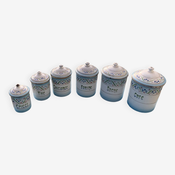 Série complète de 6 pots a épices en fer emaillé peint