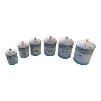 Complete series of 6 spice pots in stencilled enameled iron