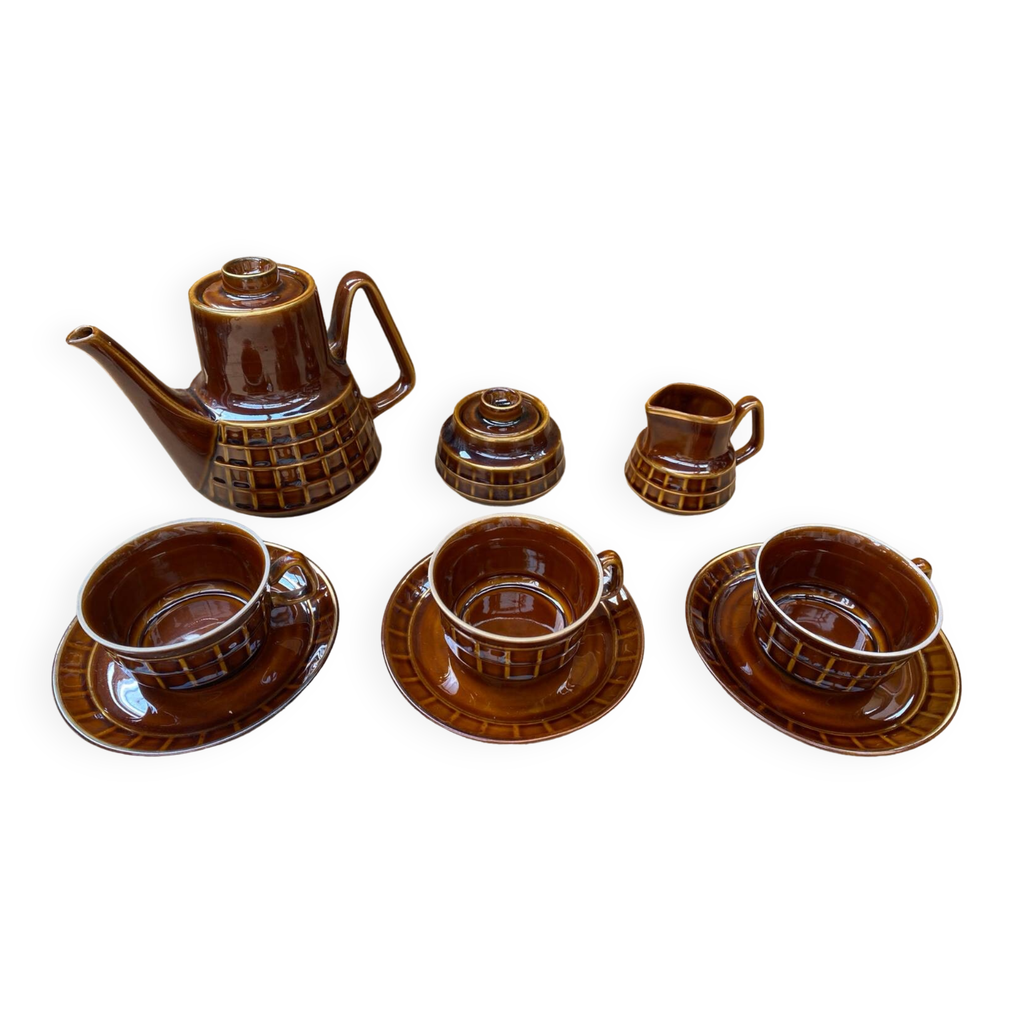 Antique PRUSZKOW Ceramic Brown & Gold Vintage Tea Service #B279
