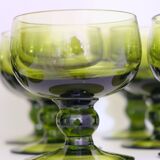 Set of 12 olive green wine glasses, mouth soufflé from the 50s
