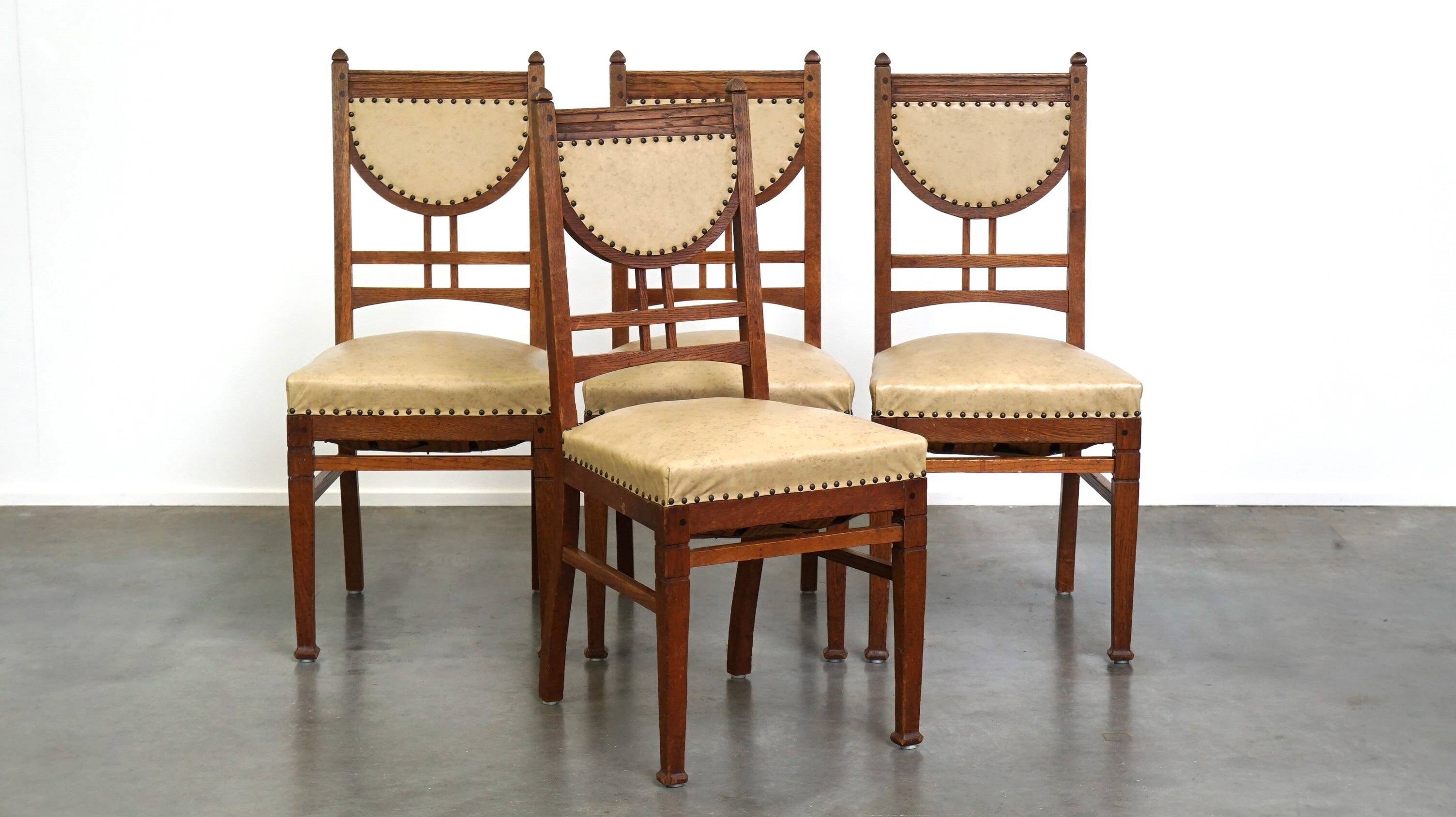 Set of 4 antique design dining chairs, Jugendstil/Art Nouveau style, light skai leather upholstery