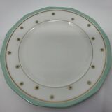 Limoges porcelain plates with green border and gold and blue flower decoration, French set of 8