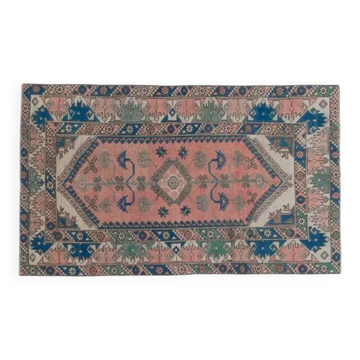 Tapis de sol vintage turc fait main en laine et coton rose des années 1970