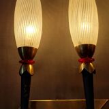Large pair of 2-light torchiere wall lights 1950/60 in black metal and gilded brass.
