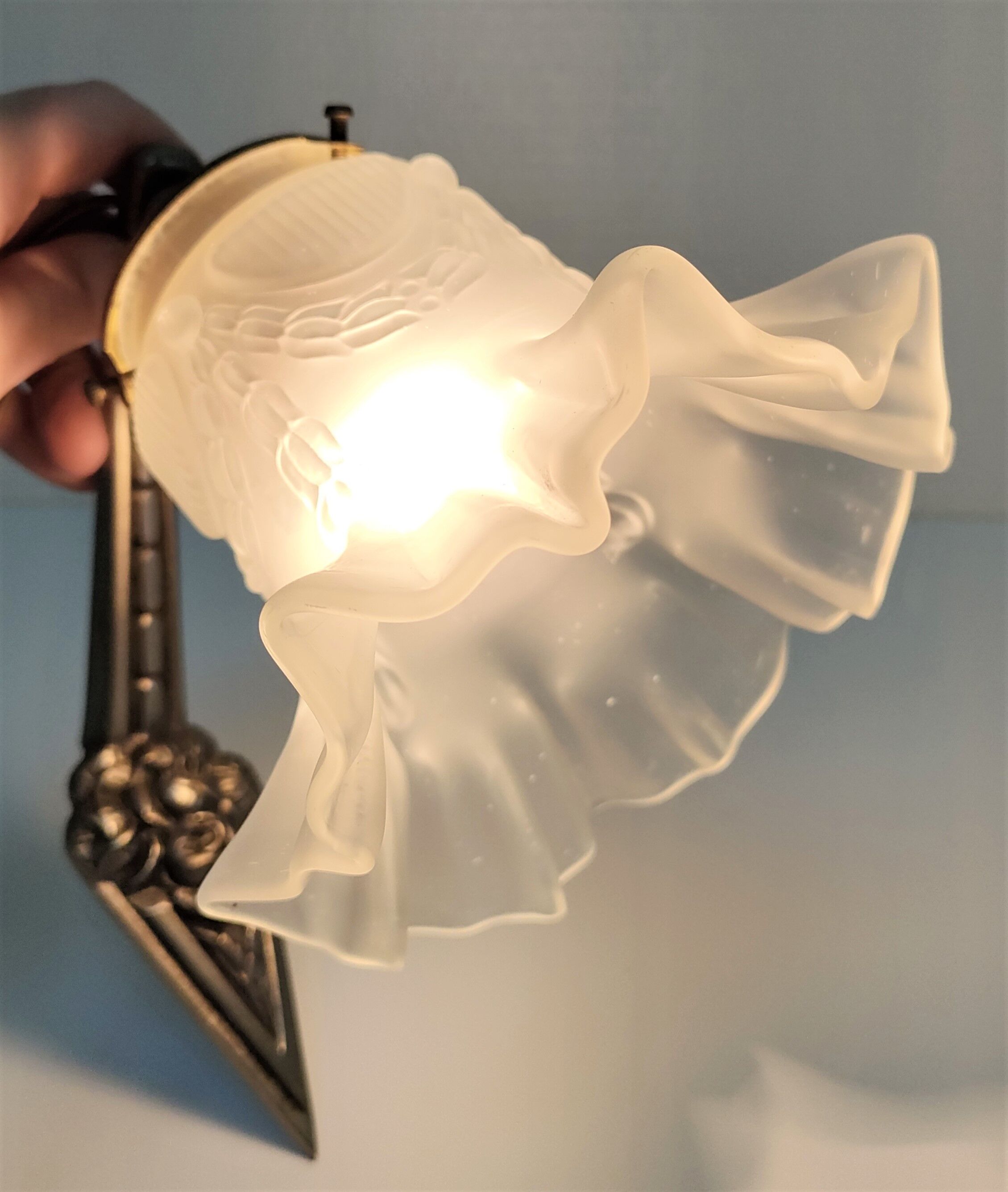Art Deco wall lamp bronze silver patina and frosted glass