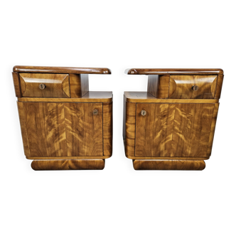 Art Decò bedside tables in blond walnut with drawer and shelf