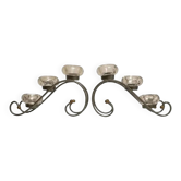 Set of 2 metal and glass candle holders - Vintage chandelier in organic scroll shape - Brutalist design candle holders for table decoration in the living room.
