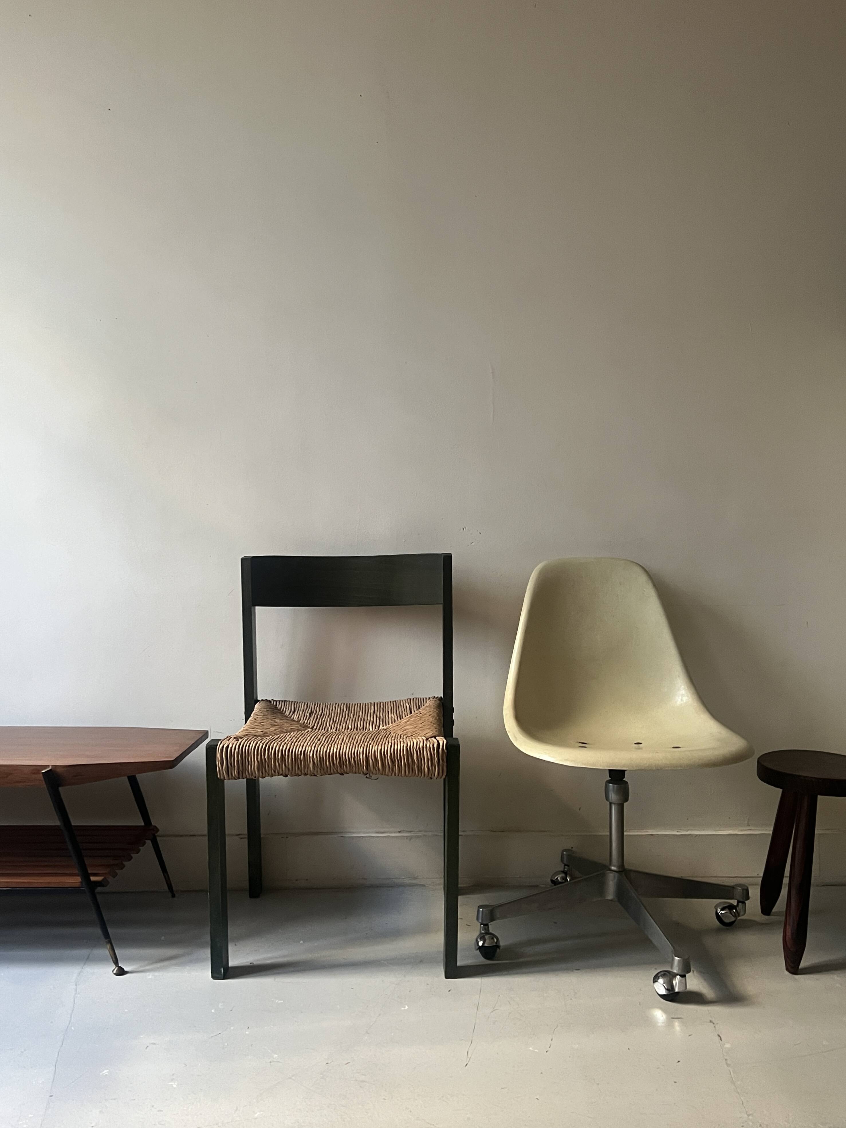 Bottle green patinated wooden straw chair, France 1950