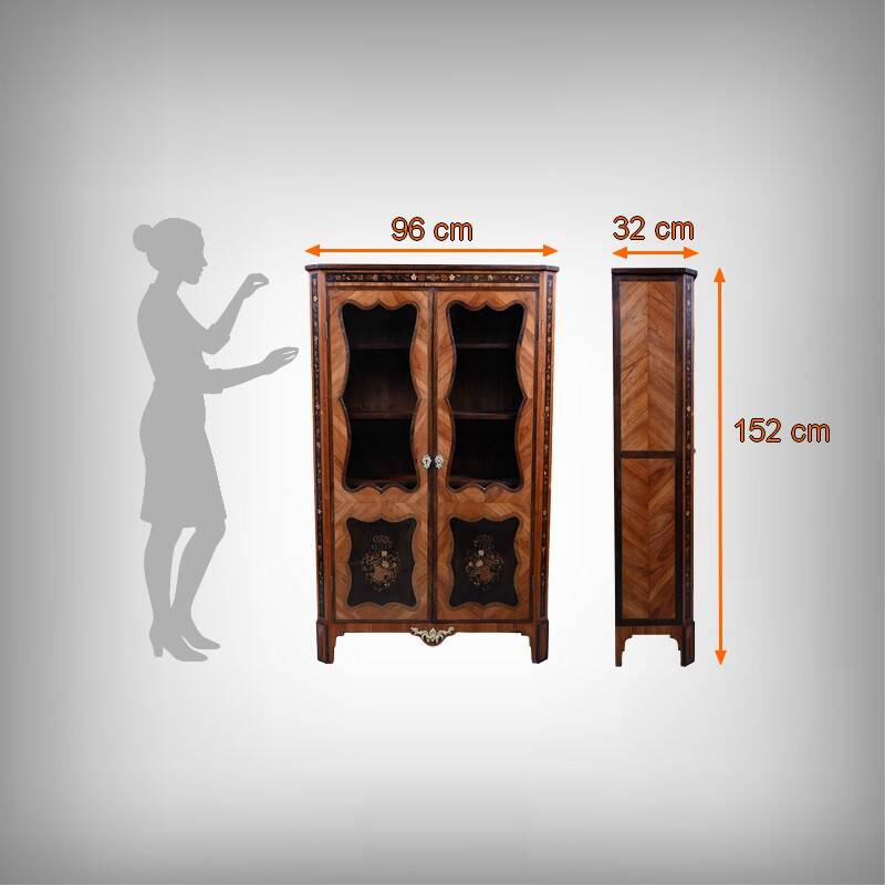 Showcase in precious wood marquetry, Louis XV Transition style.