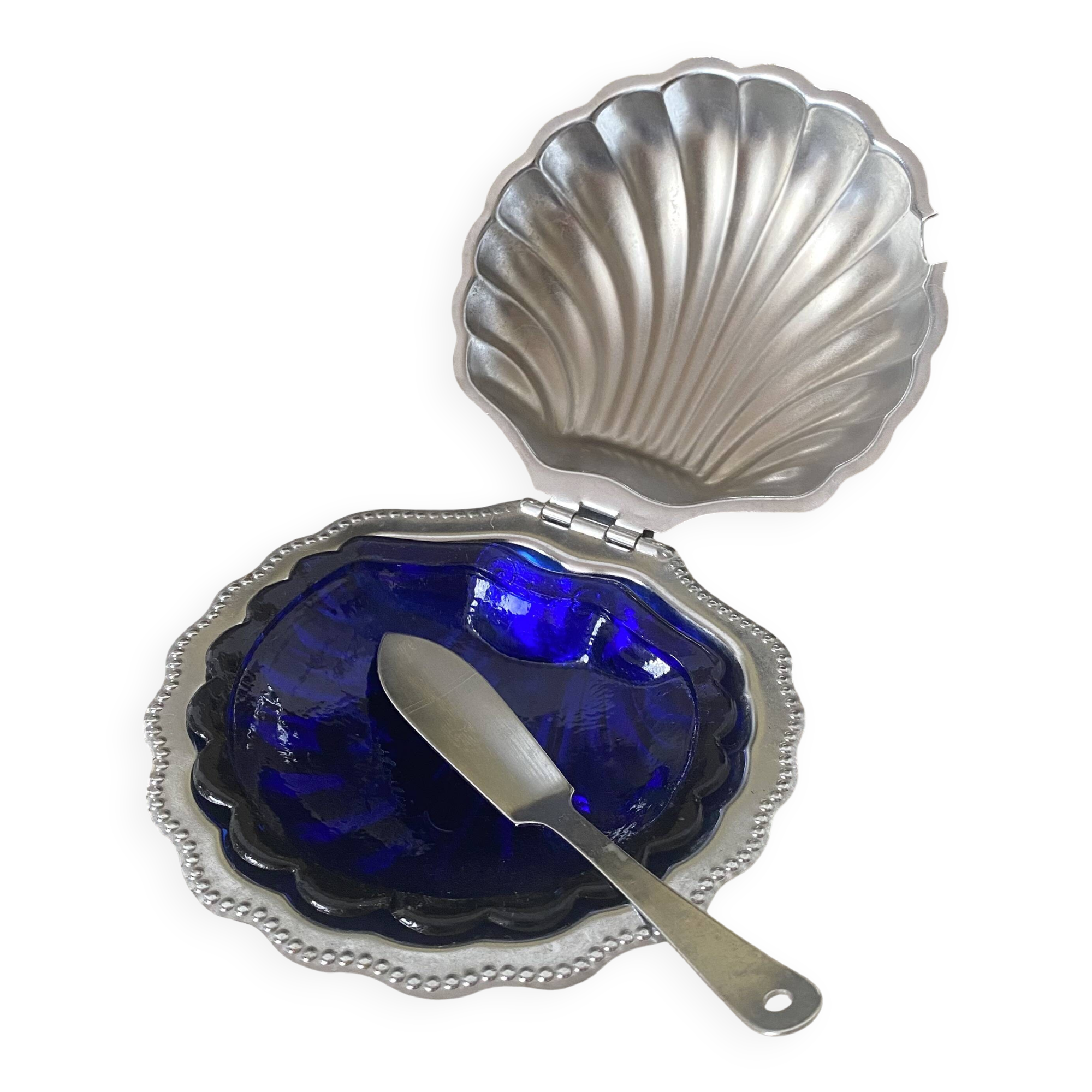 Stainless steel and glass shell butter dish with knife
