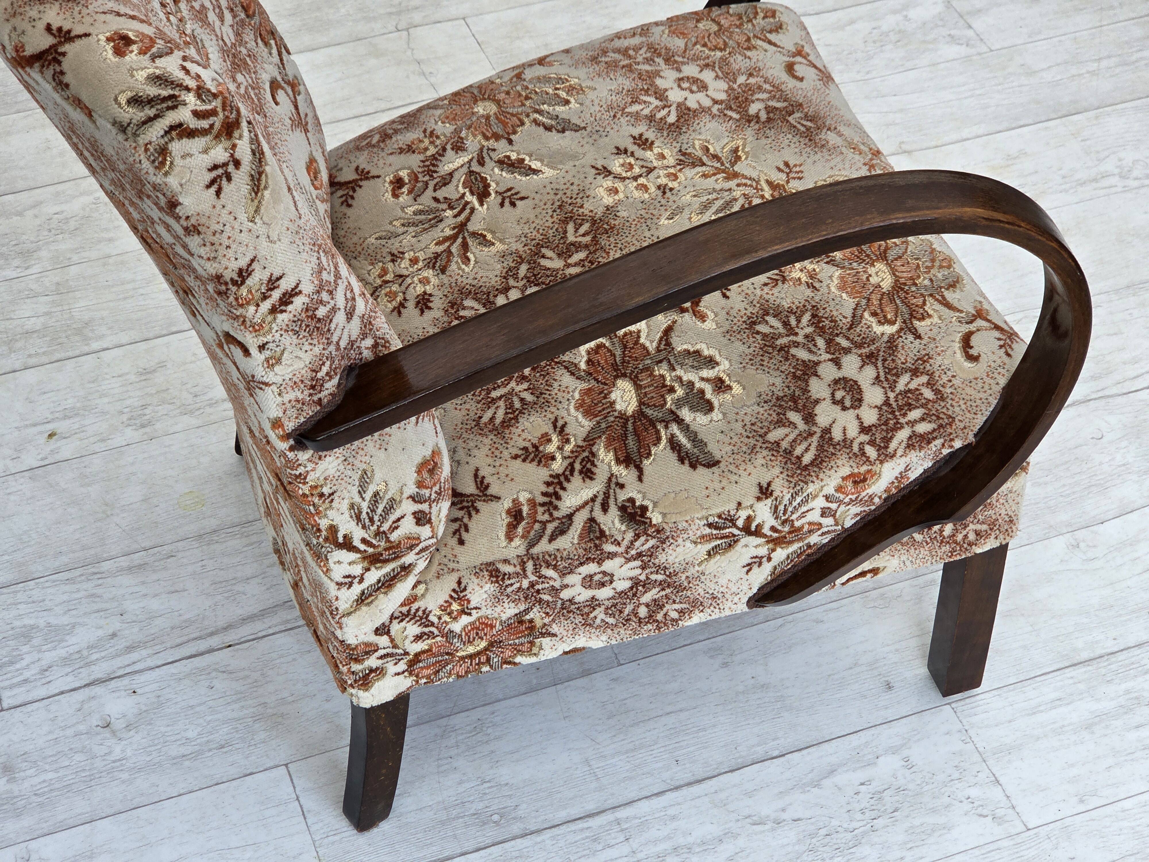 1950s, Danish artdeco armchair, furniture velour, beech wood, reupholstered