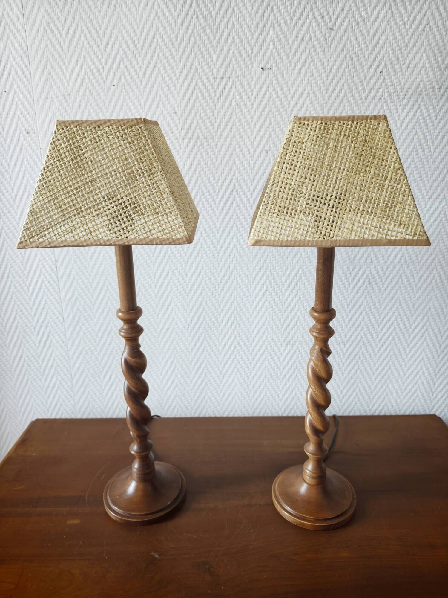 Pair of tall turned wooden lamps