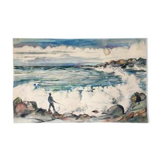 Aquarelle datée de 1977 "bord de mer avec pêcheur" signé a