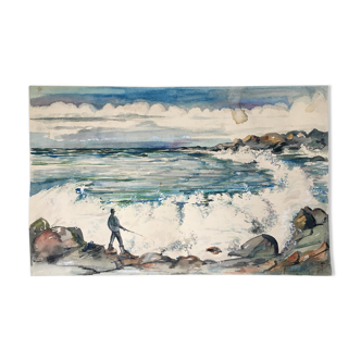 Watercolor dated 1977 "seaside with fisherman" signed a