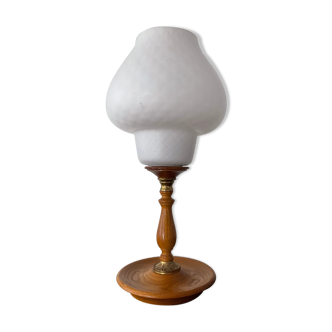 Lampe vintage des années 70 en bois et opaline