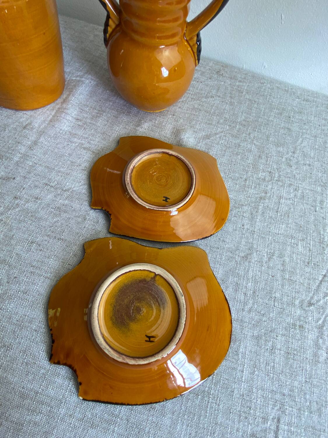 Vallauris ceramic pitcher, vase and bowls