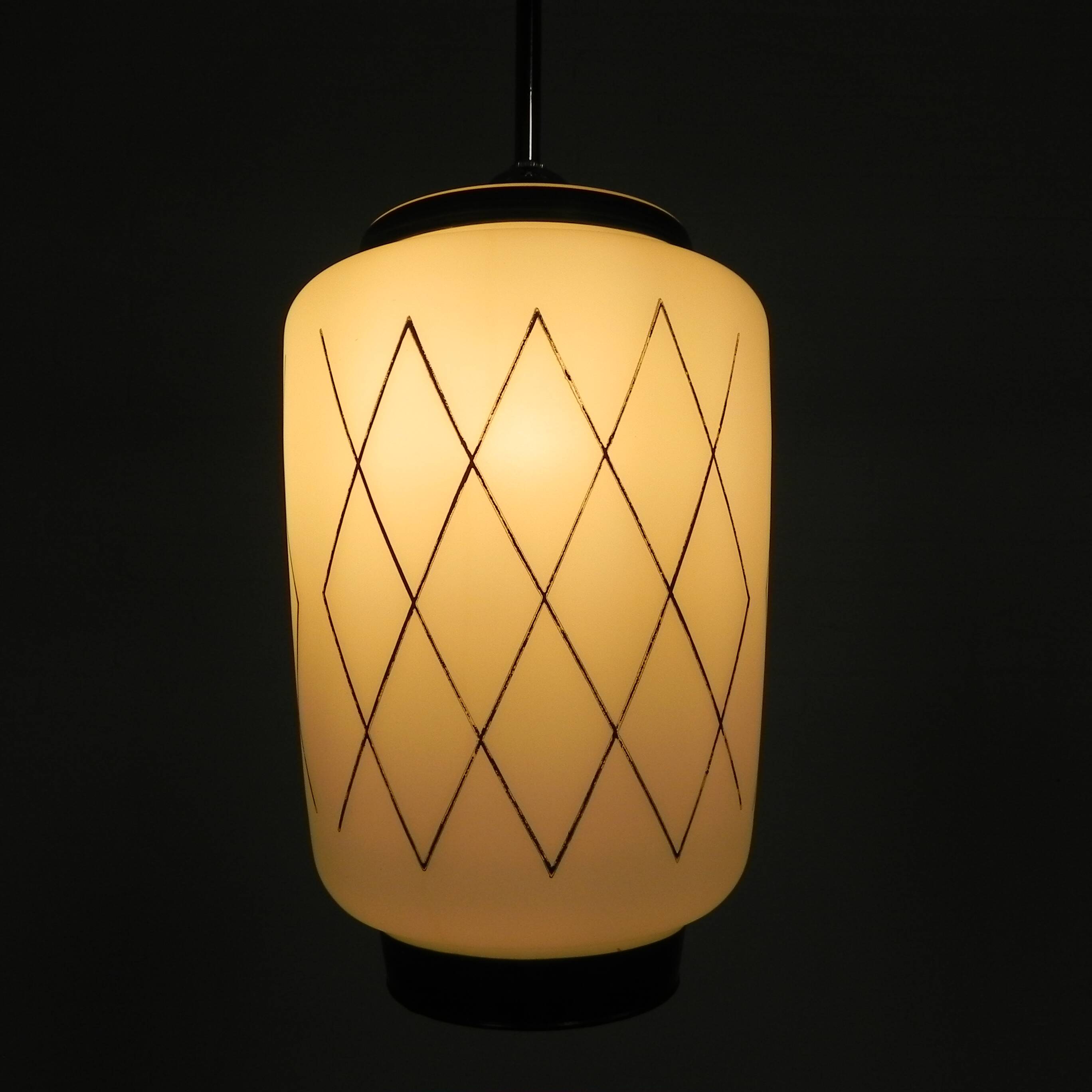 Vintage suspension with opaline lampshade and black decoration, 1950s.