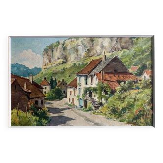 Tableau Aquarelle Jeep Nefkens (1926/1999) Aquarelle Village en bord de falaise