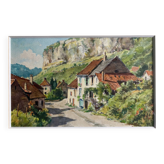 Watercolor Painting Jeep Nefkens (1926/1999) Watercolor Village on the edge of the cliff