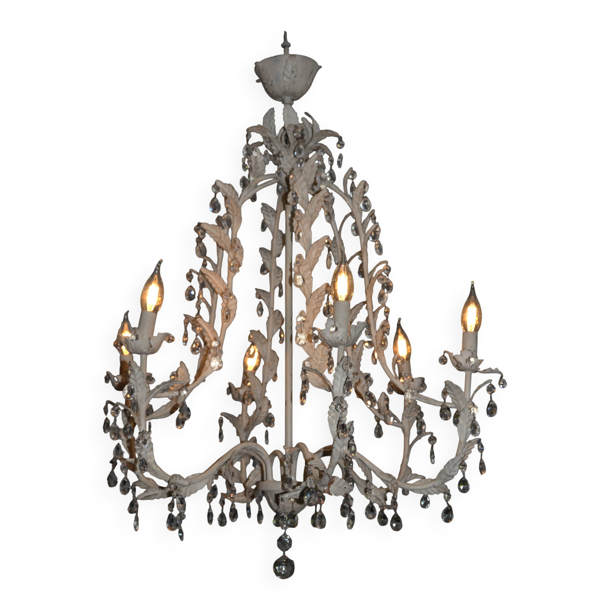 Large cage chandelier in aged metal.