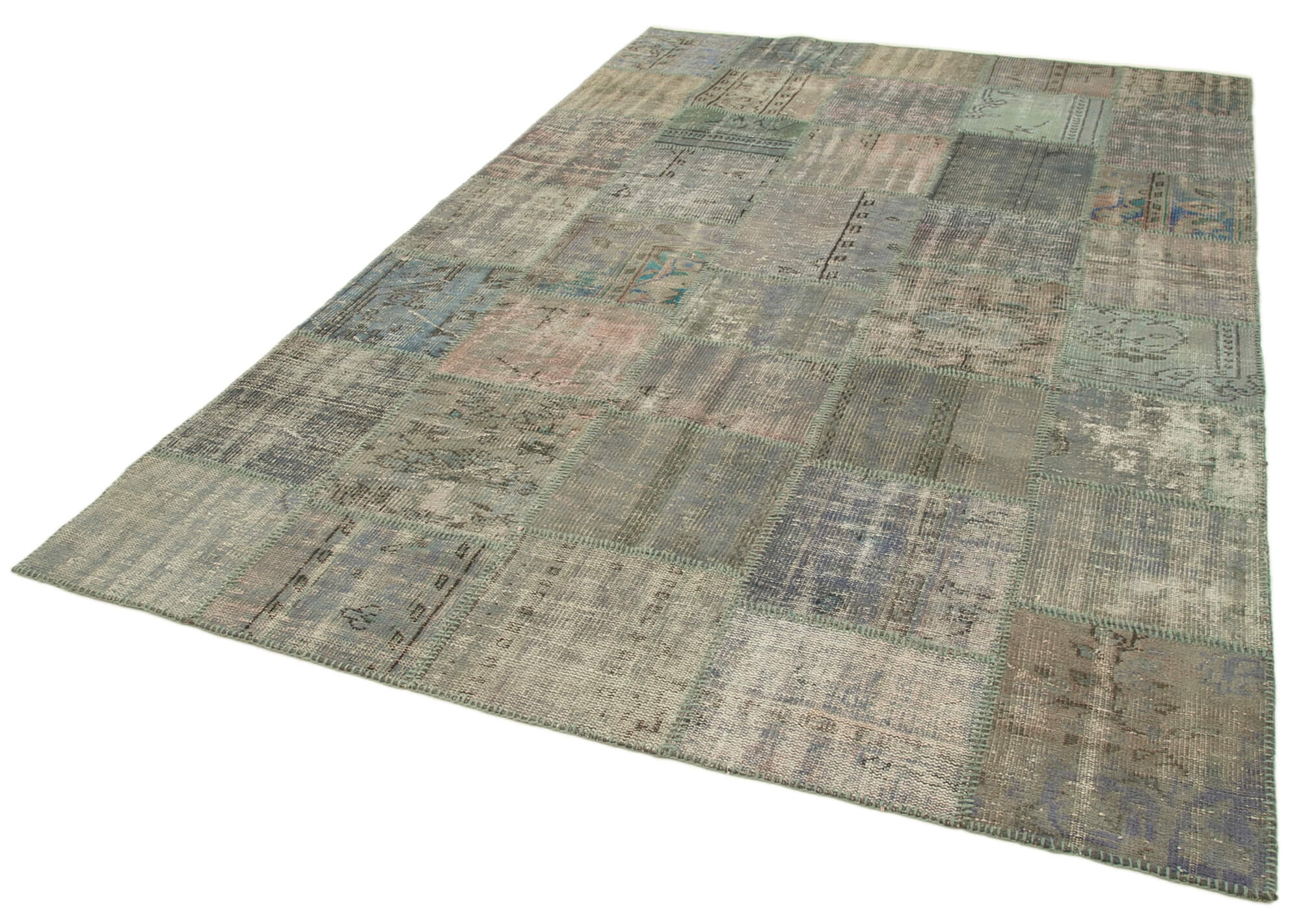 Handmade anatolian overdyed 197 cm x 298 cm grey patchwork carpet