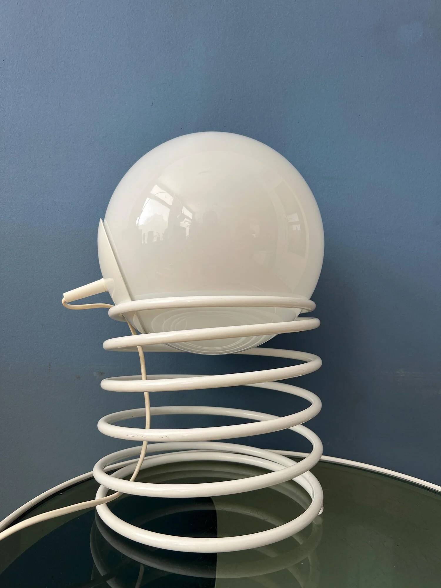 Large mid-century opaline milk glass spiral table lamp