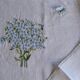 Hand-embroidered table duo in linen voile – Azure Bouquet & Butterfly