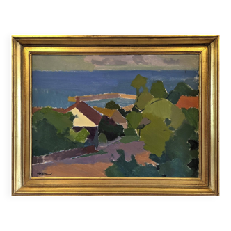 Peinture à l'huile de paysage vintage suédoise moderne « Côte de la fin de l'après-midi », encadrée