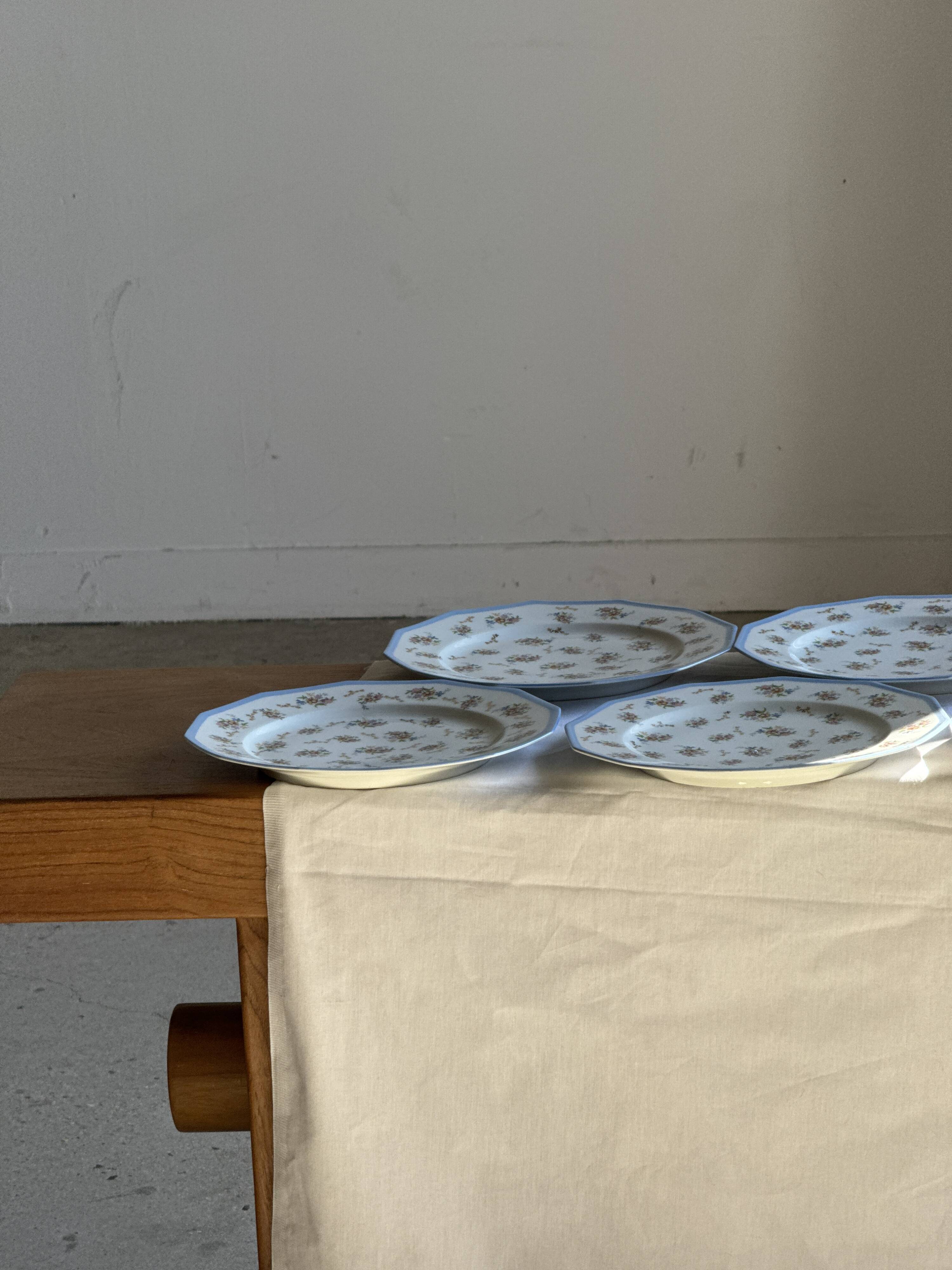 Set of 10 flat plates in Limoges porcelain from France with flowers.