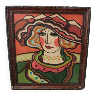Circa 1940s French Portrait Oil Painting of a Woman Wearing a Beret, Framed