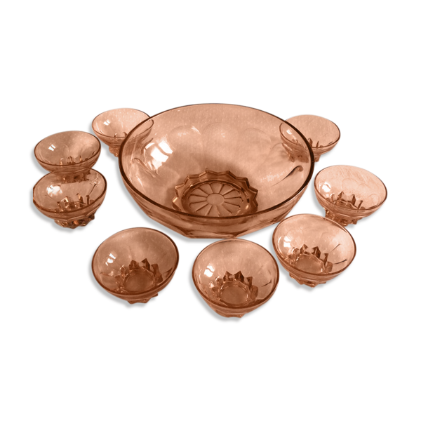 Lot de 8 coupes à desserts vintage et son saladier rose années 1960