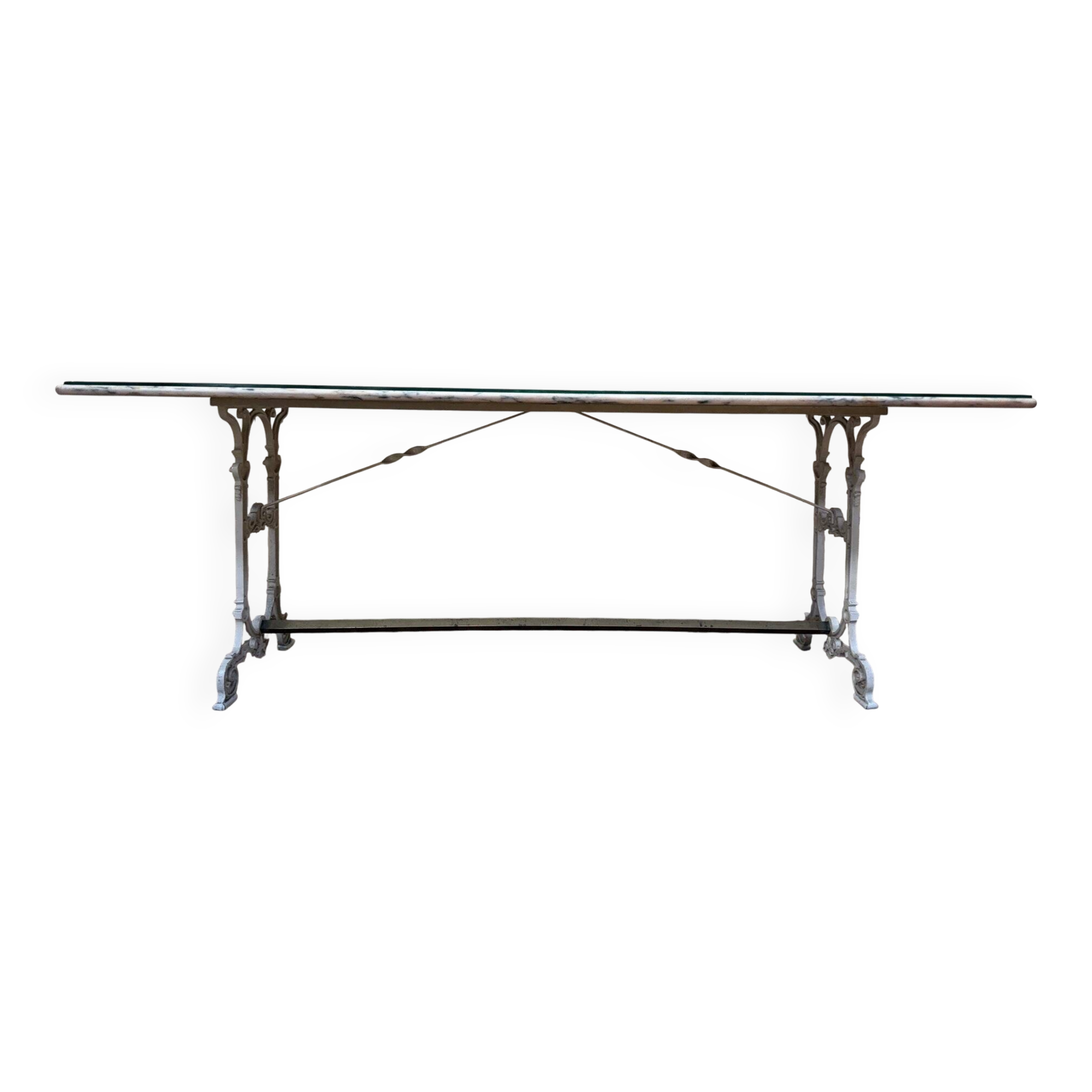 Large Art Nouveau brasserie table in iron and marble