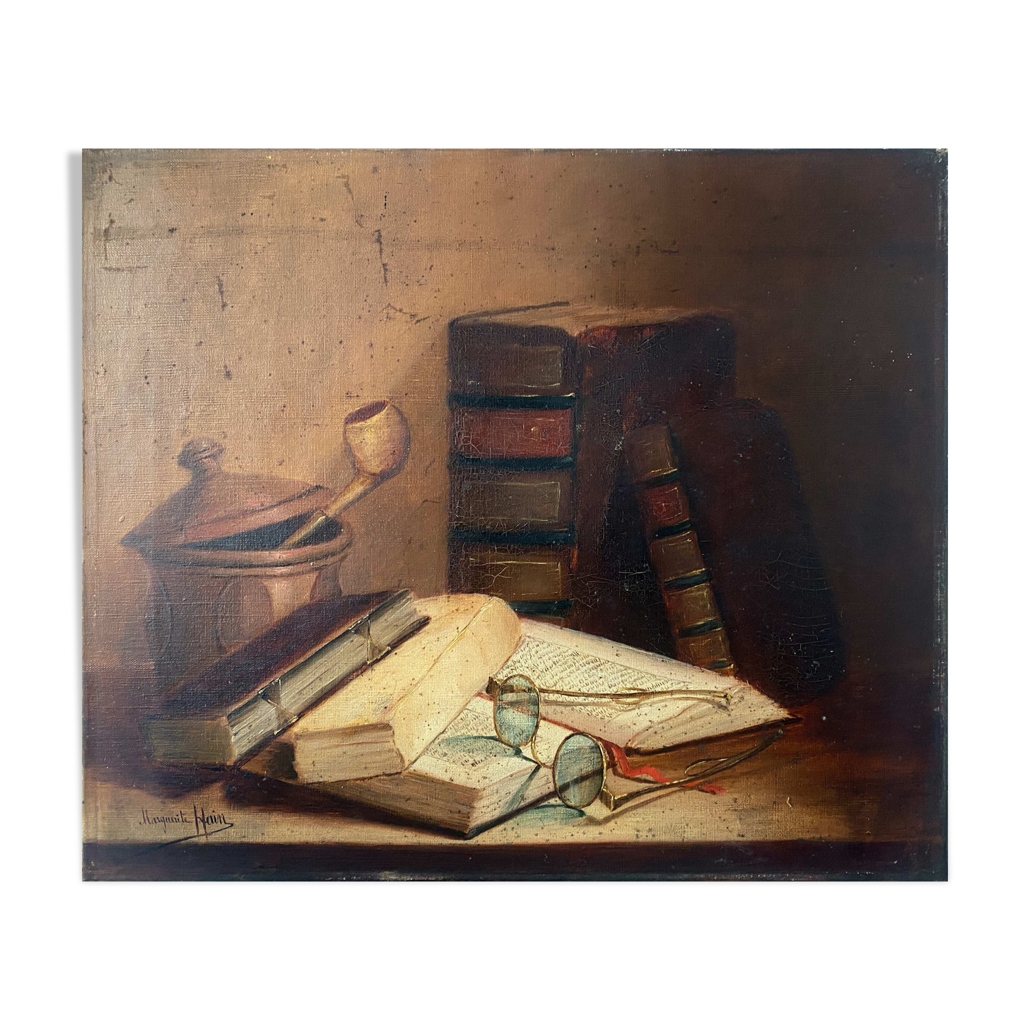 Painting "Still life Books and glasses" HST signed Marguerite Hain XIX° century