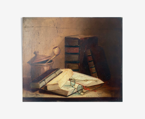 Tableau "Nature morte Livres et lunettes" HST signée Marguerite Hain XIX° siècle