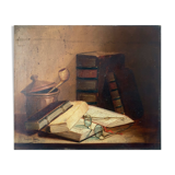 Painting "Still life Books and glasses" HST signed Marguerite Hain XIX° century