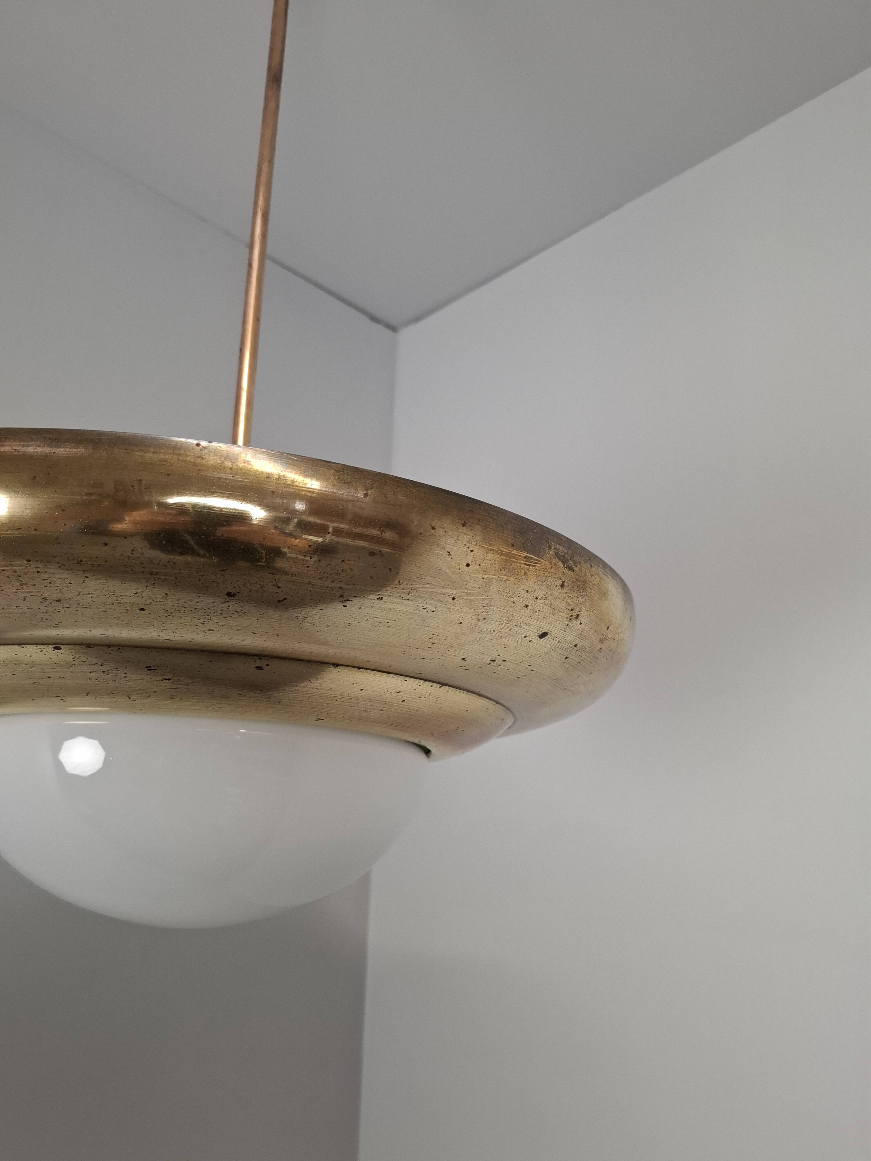 1920 Czechoslovak Art Deco Brass and Opaline Glass Pendant Lamp, Napako 134