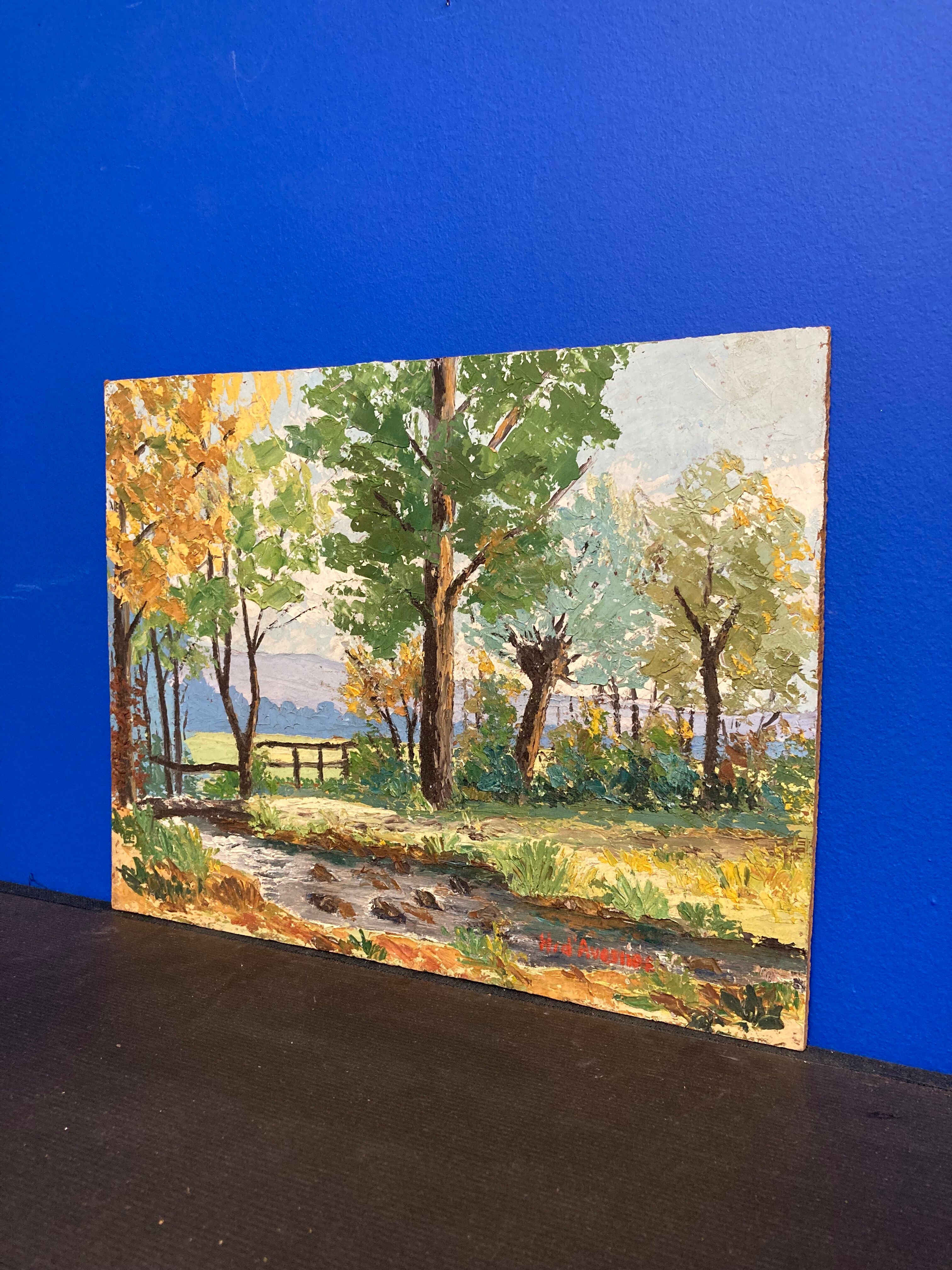 Oil on panel Landscape at the watercourse