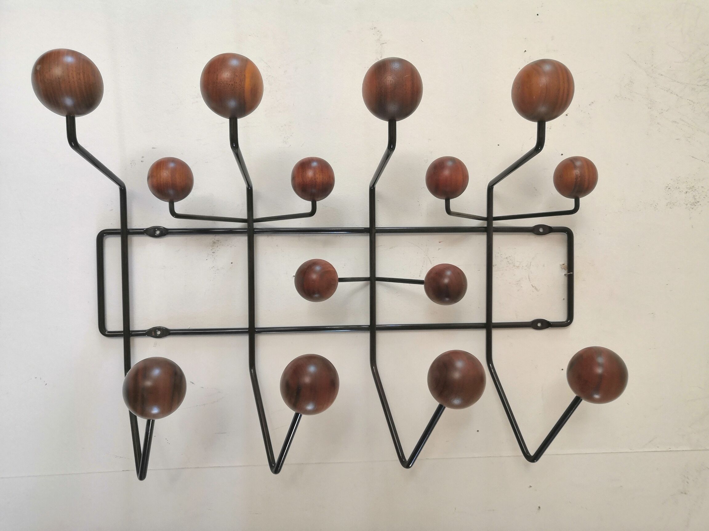Hang It Hall coat rack, Eames Vitra edition design, walnut and chocolate steel structure