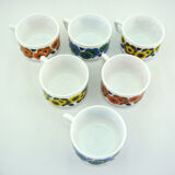 6 cups lotus arcopal france - orange, blue and yellow pop flower patterns - vintage 70s