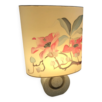Vintage 70s-80s Lamp - Sculpted Stone Base & Painted Silk Shade
