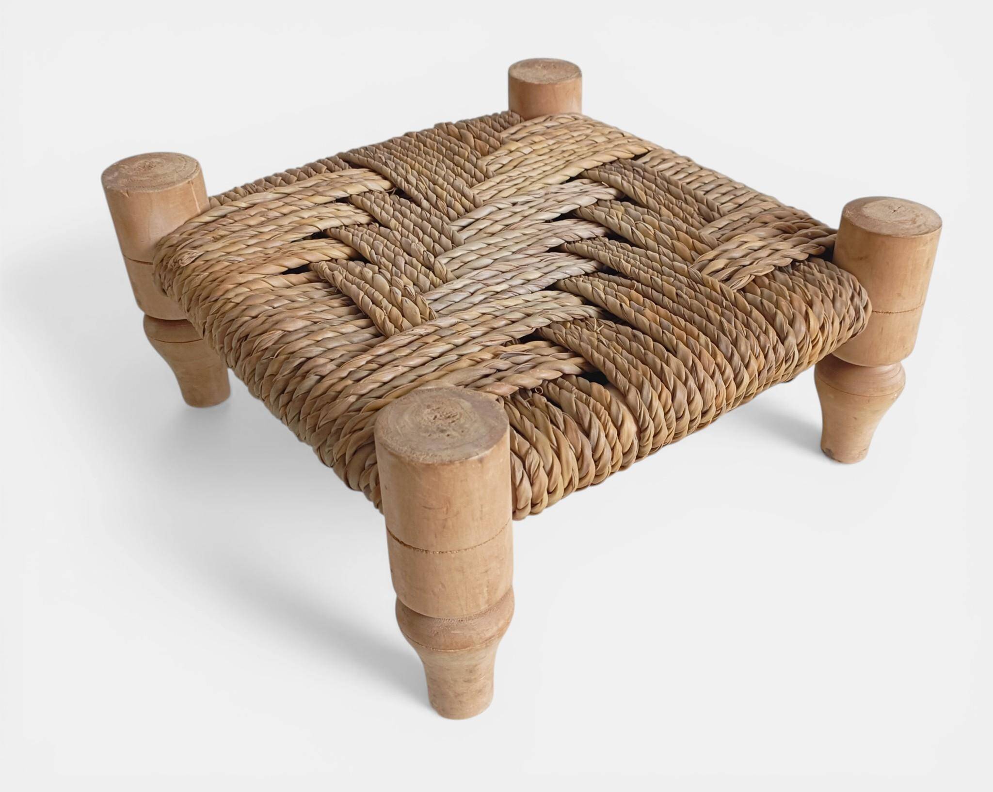 Organic Modern Turned Wood and Rope Footstool in the Style of Charlotte Perriand
