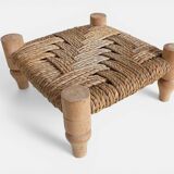 Organic Modern Turned Wood and Rope Footstool in the Style of Charlotte Perriand