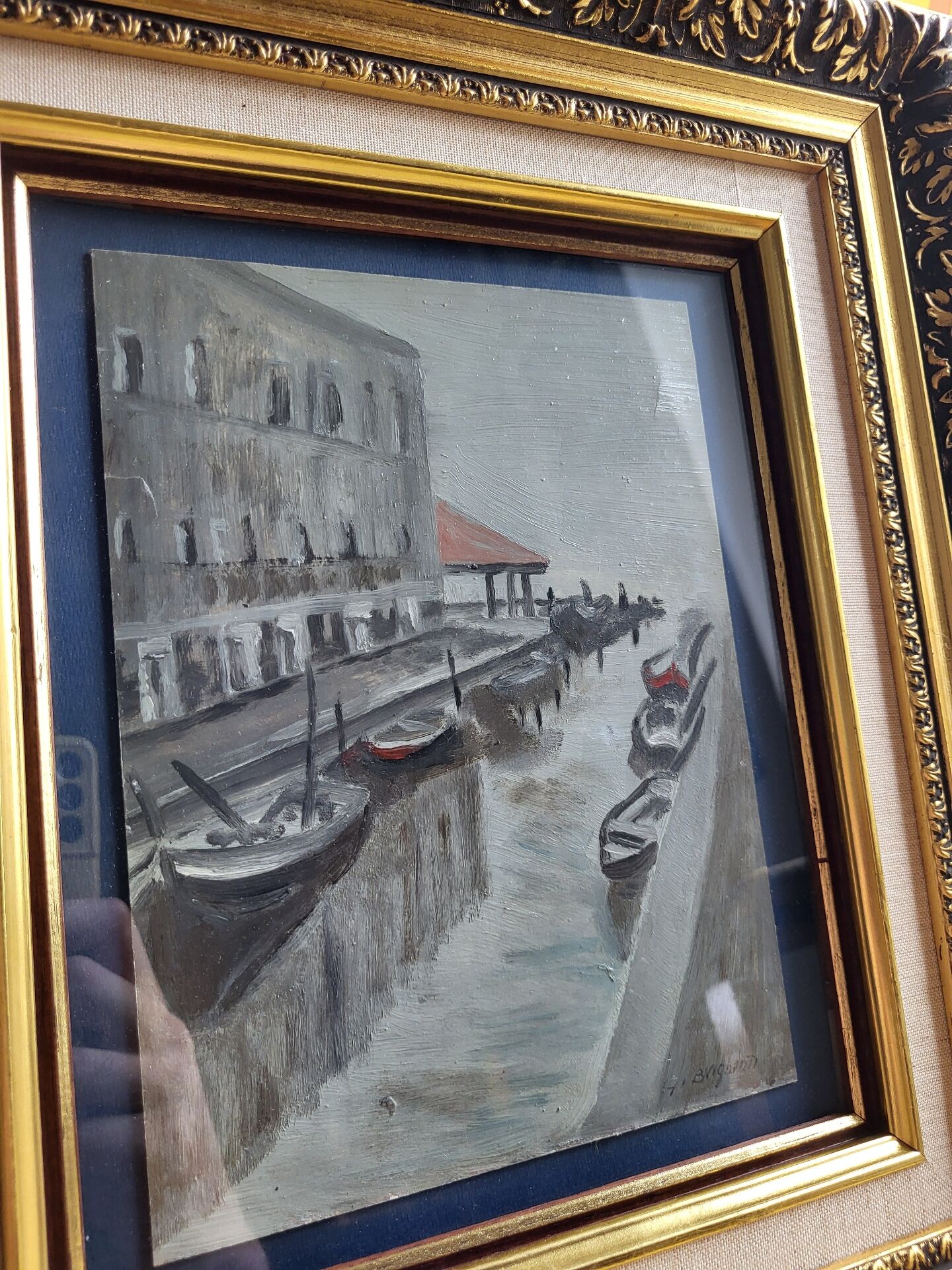 Venice Painting – Oil on old cardboard signed G. Brighenti – Frame