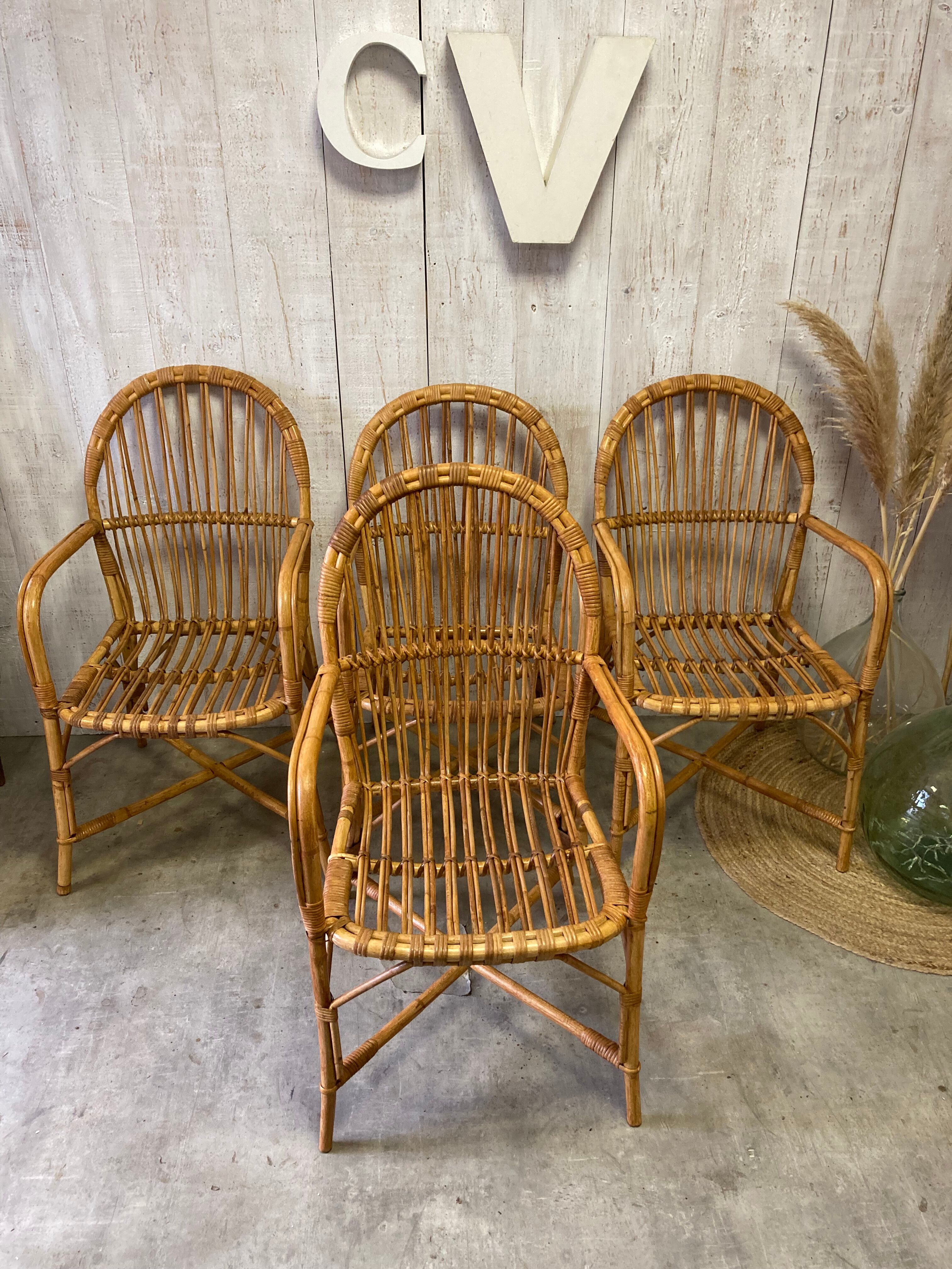 Série de 4 fauteuils rotin vintage