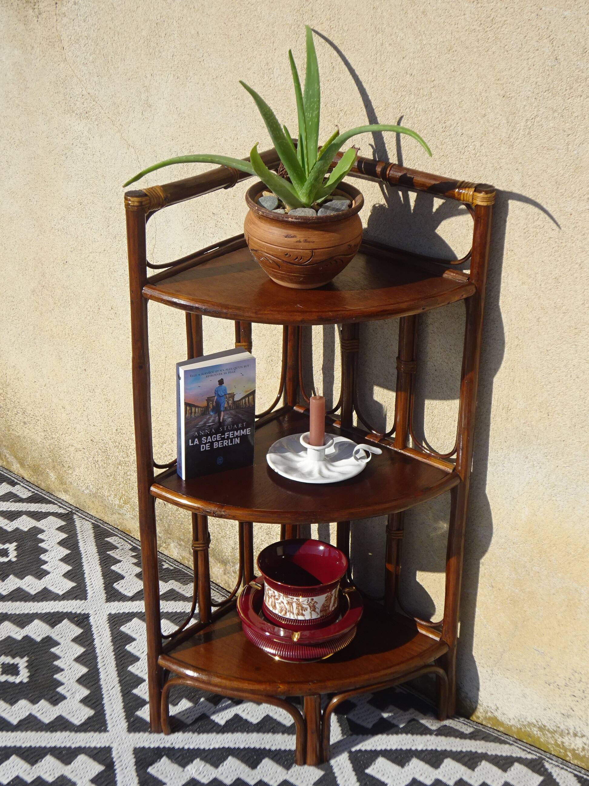 Rattan and bamboo bedside tables, both.